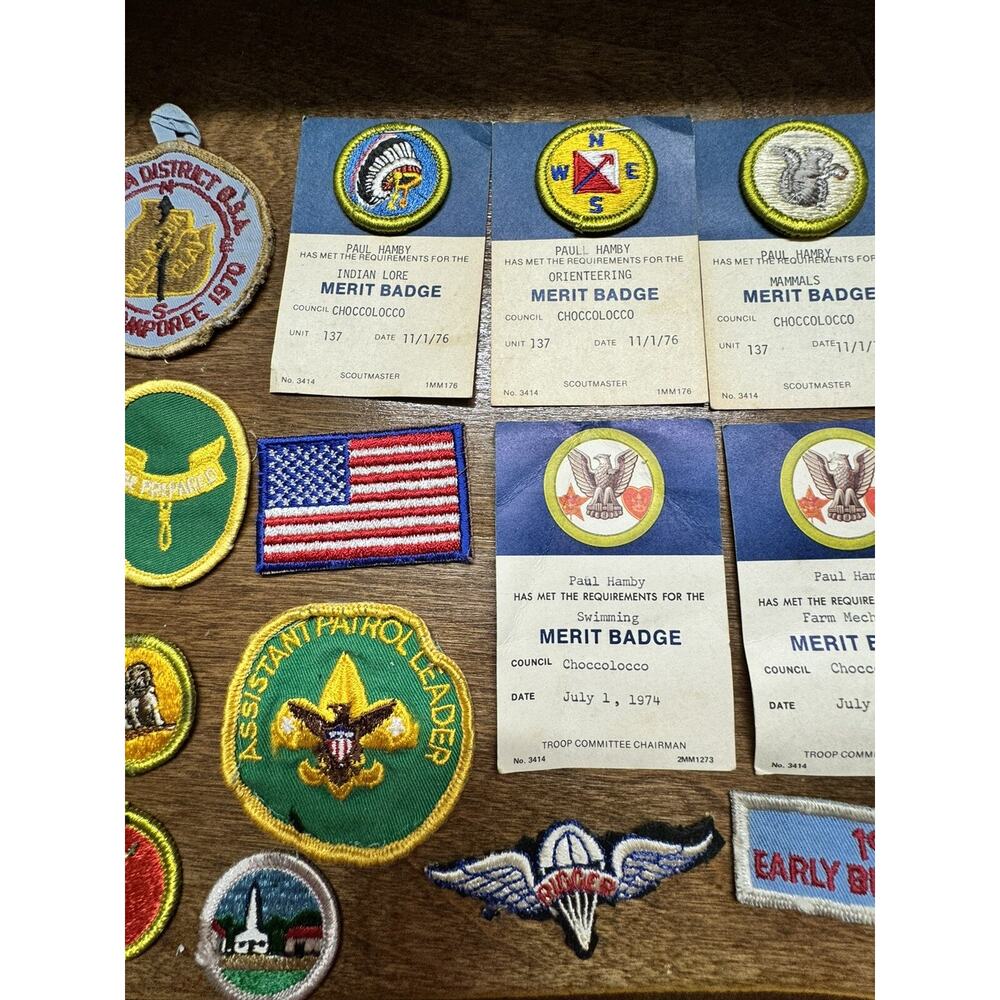 Vintage Boy Scouts Lot Merit Badges Patches Belt Hat Coca Cola Ad 1970s